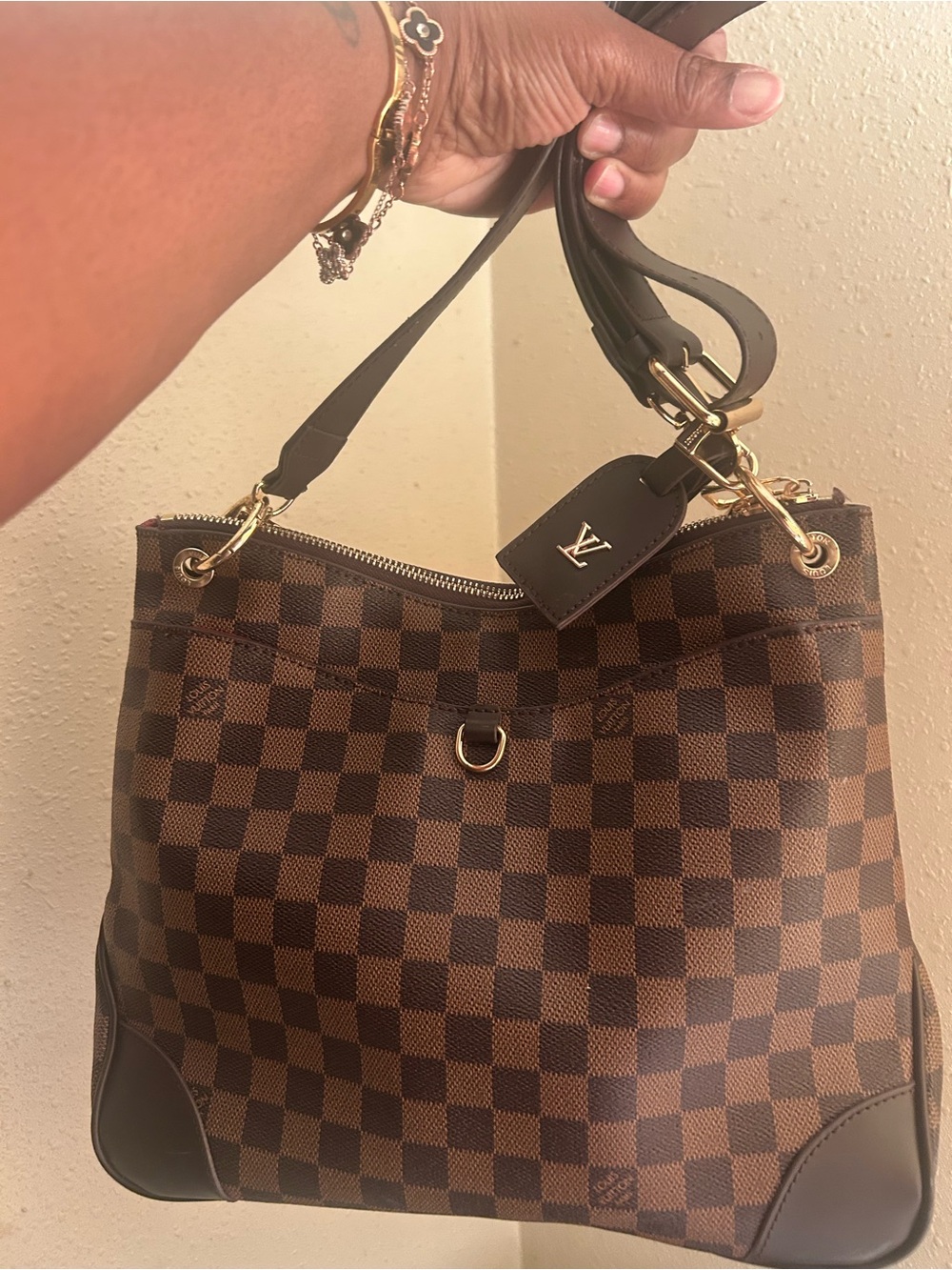 Source Unknown Brown Checkered Tote with Gold Hardware